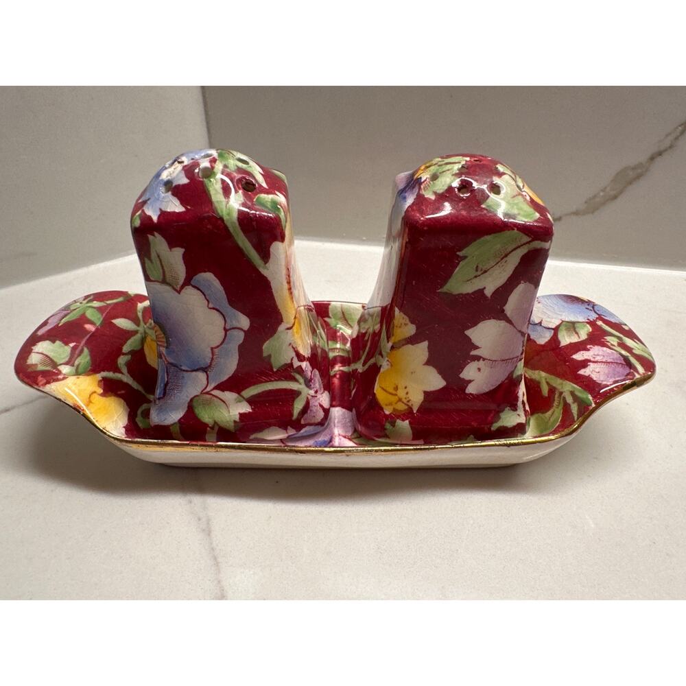 Vintage Royal Winton Grimwades Chintz June Festival Salt & Pepper Shakers Tray